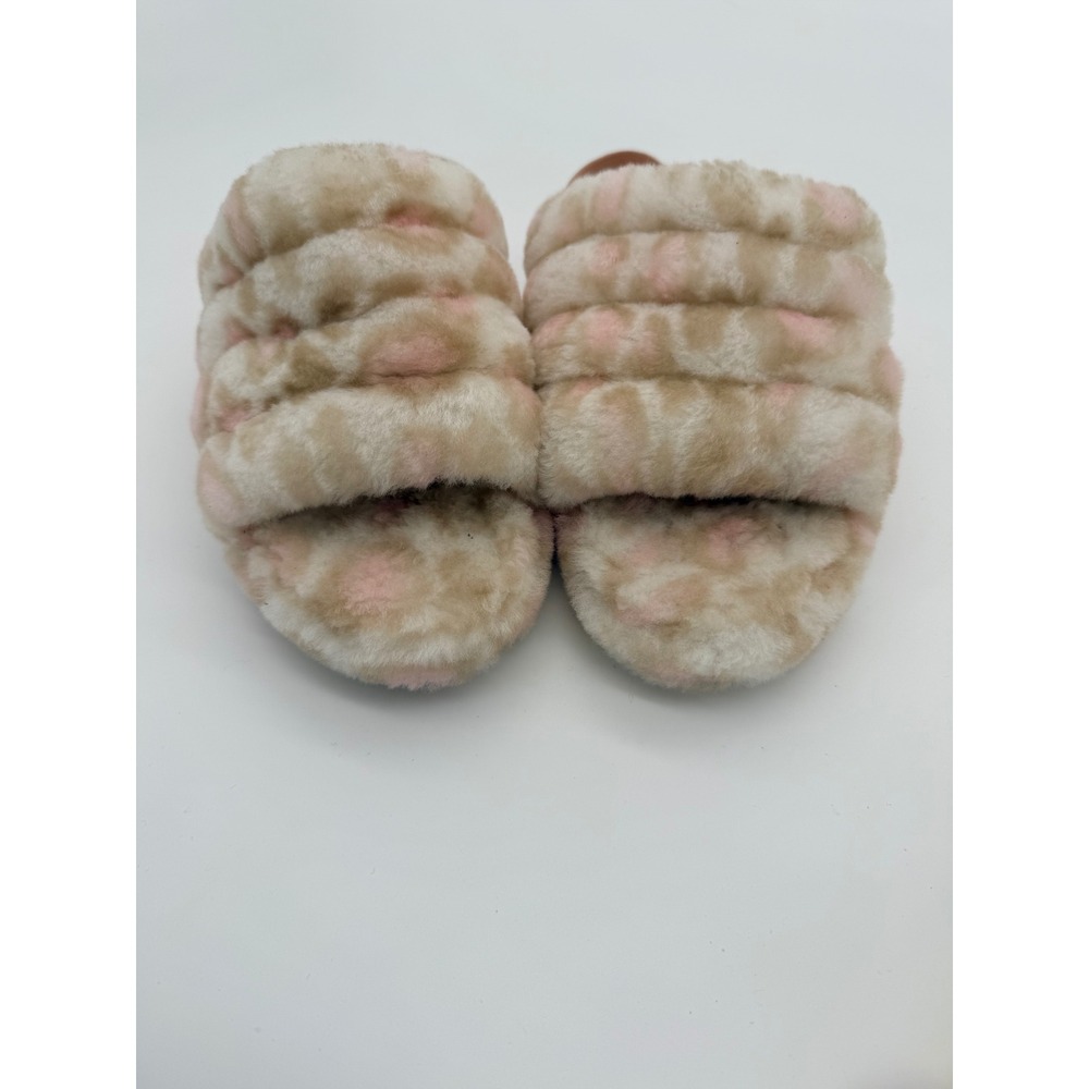 UGG Kids Fluff Yeah Leopard Tan Pink‎ Sheepskin Slide Sandals Size 5Y